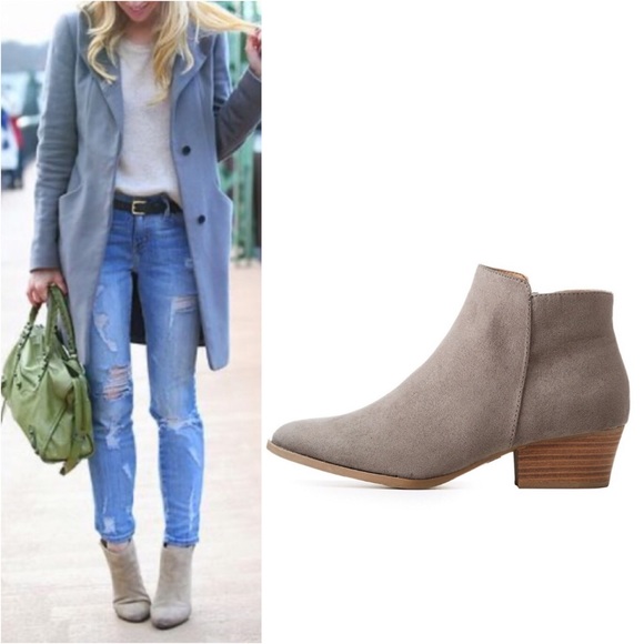 Chic Grey Faux Suede Cute Wooden Ankle Booties - Picture 14 of 14